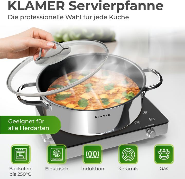 Image du produit KLAMER 28cm induction poêle à servir, anti-adhésif, résistant au four, y compris le couvercle (28 cm, Ensemble de casseroles et de poêles de cuisson, Acier inoxydable)