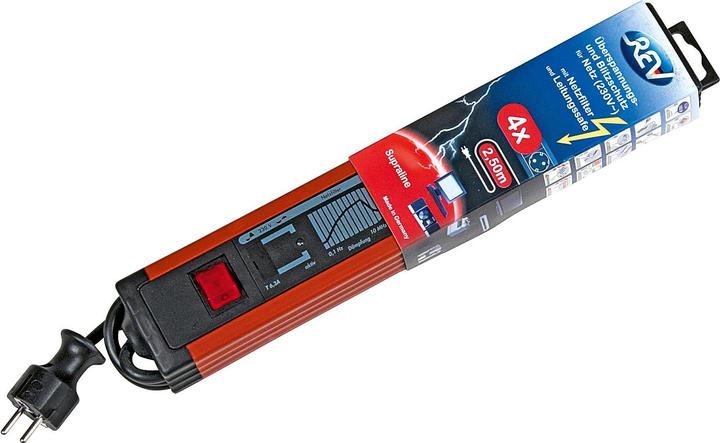 Image du produit REV Bloc multiprises avec ÜSS + filtre secteur, rouge/gris, 4 voies, 4xSchuko, avec interrupteur, câble (4 x, CEE 7/3, 2.50 m)