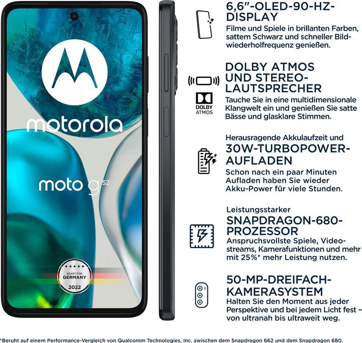 Immagine prodotto Motorola Moto G52 (128 GB, Charcoal Grey, 6.60", Doppia SIM Ibrida, 50 Mpx, 4G)