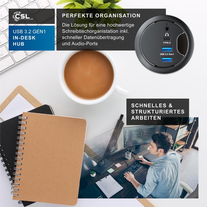 Immagine prodotto CSL Multi hub per l'ingresso dei cavi da scrivania: 2x USB 3.2 Gen1, 1x USB-C, 1x audio da 3,5mm, presa (USB-A, 4 Porti)