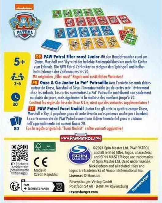 Immagine prodotto Ravensburger 20953 PAW Patrol Elfer raus! Junior - Semplice gioco di carte per 2-6 giocatori 5+ (Tedesco, Francese, Italiano)
