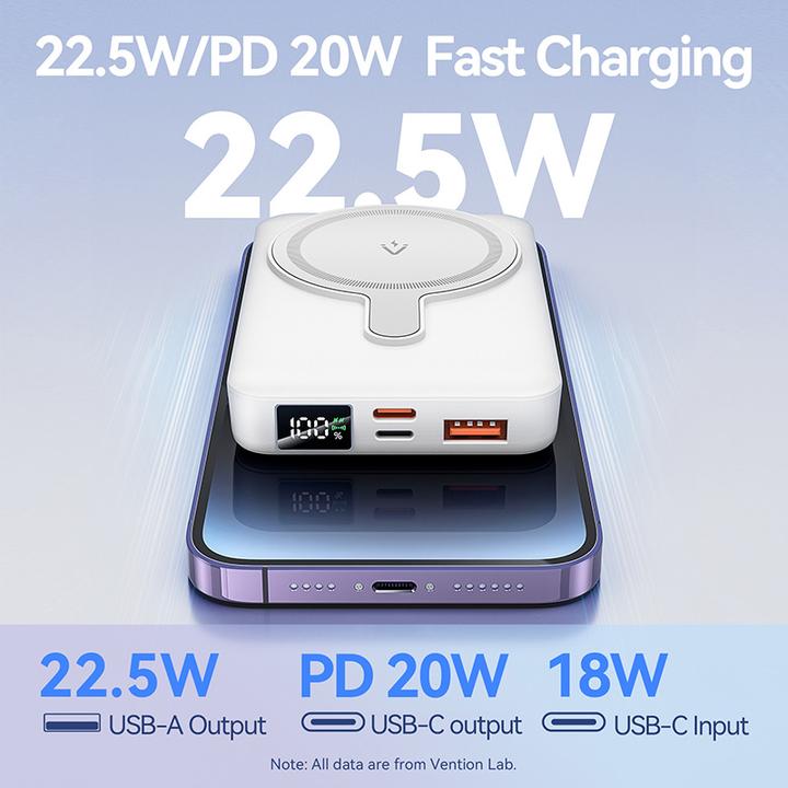 Immagine prodotto Vention 10000mAh Magnetic Wireless Power Bank (USB-C + Lightning + USB-C + USB-A +Wireless) 22.5W LED bianco (10000 mAh, 38.50 Wh)