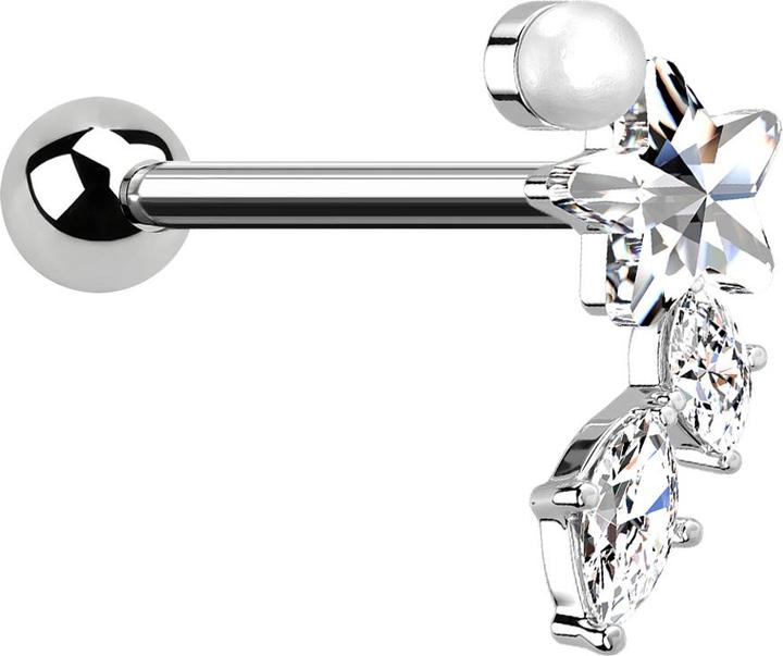 Star Piercing Micro Barbell silber Perle Kristallstern und zwei Kristalltropfen (Messing, Chirurgenstahl 316L)