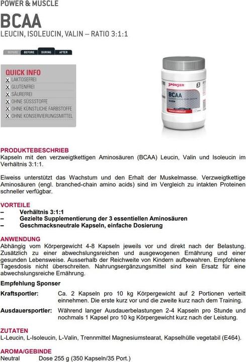 Valori nutrizionali e ingredienti Sponser Capsula di BCAA (350 Pezzo/i, Pillole, 250 g)