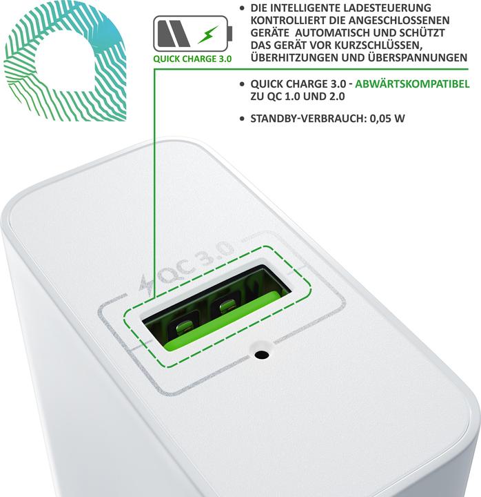 Produktbild Aplic USB Ladegerät 3000 mA, Netzteil mit Schnellladefunktion, Quick Charge 3.0, Smart Charge, weiss (18 W)