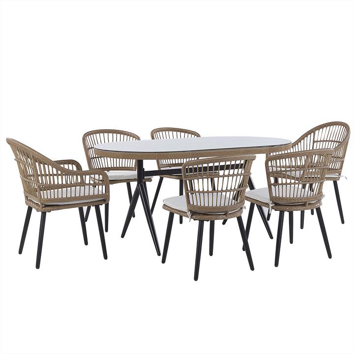 Beliani Gartenmöbel Set Rattan natürlich 6-Sitzer Auflagen beige ALIANO II (159 cm)