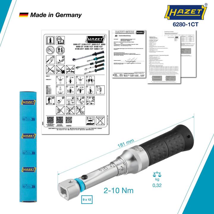 Image du produit HAZET Clé dynamométrique 6280-1CT ∙ Nm min.-max.: 2 - 10 Nm ∙ Tolérance : 2% ∙ Carré femelle 9 x 12… (2 Nm, 10 Nm)
