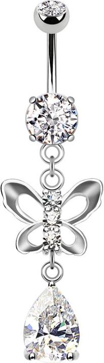 Produktbild Star Piercing Banane silber mit zwei Kugeln Kristall silber Anhänger Schmetterling und Kristalltropfen (Messing, Chirurgenstahl 316L)