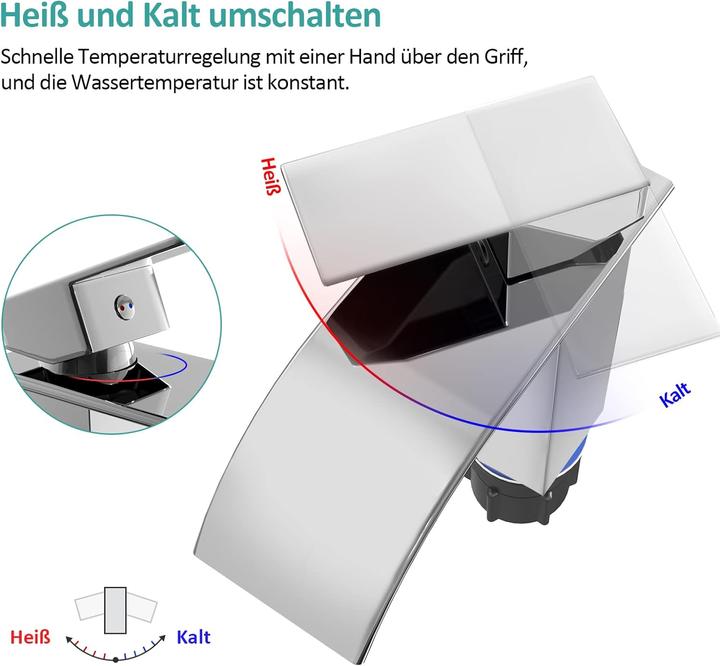 Produktbild Emke Waschtischarmatur Wasserfall, Wasserhahn Bad, Mischbatterie Waschbecken Wassersparend, Chrom