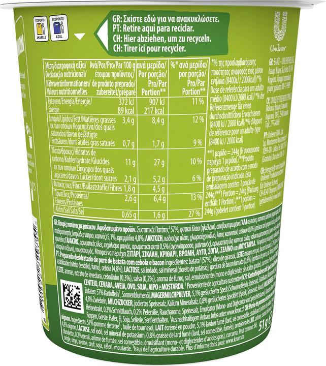 Nährwerte und Zutaten Knorr Fertiggericht Potato Snack Bacon & Onion 1 Portion (60 g)