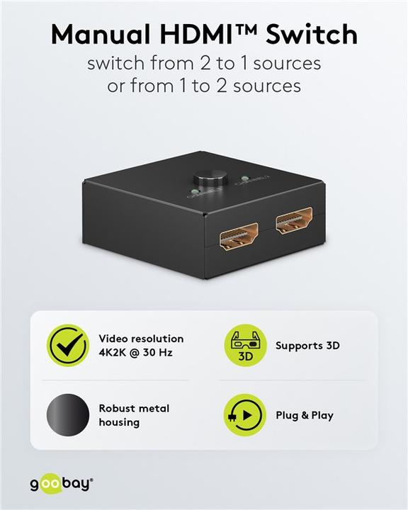 Image du produit Goobay Boîtier de commutation HDMI manuel 2 vers 1 4K @ 30 Hz