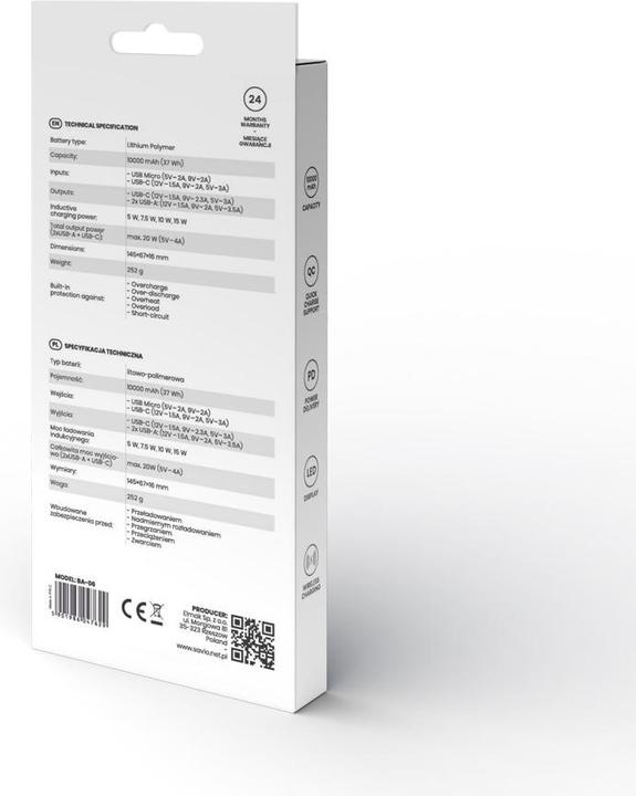 Image du produit Savio Banque d'alimentation 10000 mAh bias BA-06 (10000 mAh, 20 W, 37 Wh)