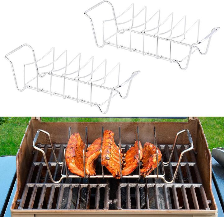 Image du produit Rosenstein & Söhne Lot de 2 supports de spareribs 2en1 & panier à rôti pour gril & four, acier inoxydable