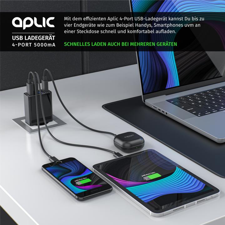 Produktbild Aplic USB Ladegerät 5000 mA, 4 Port Netzteil für Handy, Tablet uvm. 5000mA 2,4A Max. je Port, 25W, schwarz (25 W)