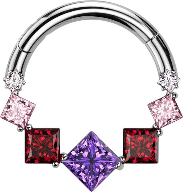 Produktbild Star Piercing Micro Segmentring klappbar silber sieben viereckige Kristalle farbig (ohne Messing, Titan G23)