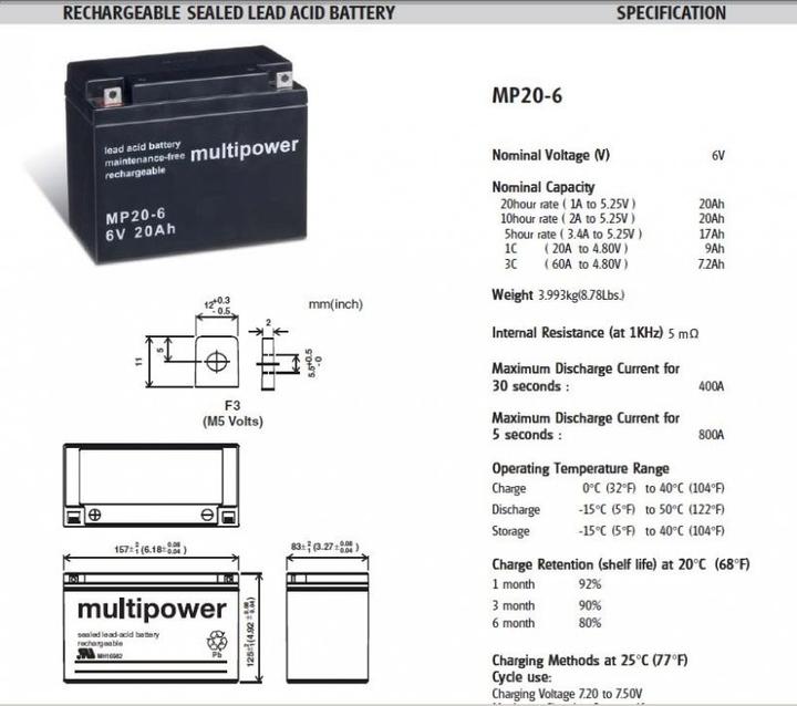 Image du produit Multipower MP20-6 Akku PB Blei, 6 Volt mit 20Ah, 2000mAh (6V)
