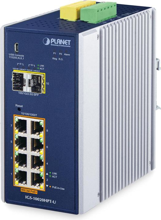 Actual product image Planet Industrial 8-Port GE PoE+ 2-port SFP IGS-10020HPT-U (10 Ports)