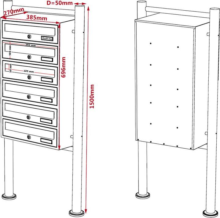 Actual product image Wiltec 6 letterbox system, black 270x513x1500mm Standing letterbox Letterbox