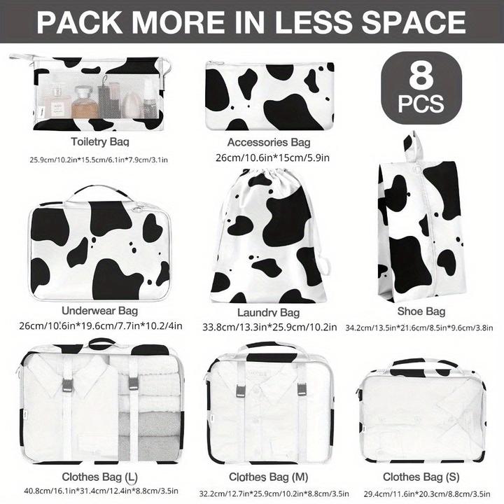 Image du produit Only-Bags.Store 8pcs, Impression vache et Impression léopard Cubes d'emballage Bagages Organisateur d'emballage