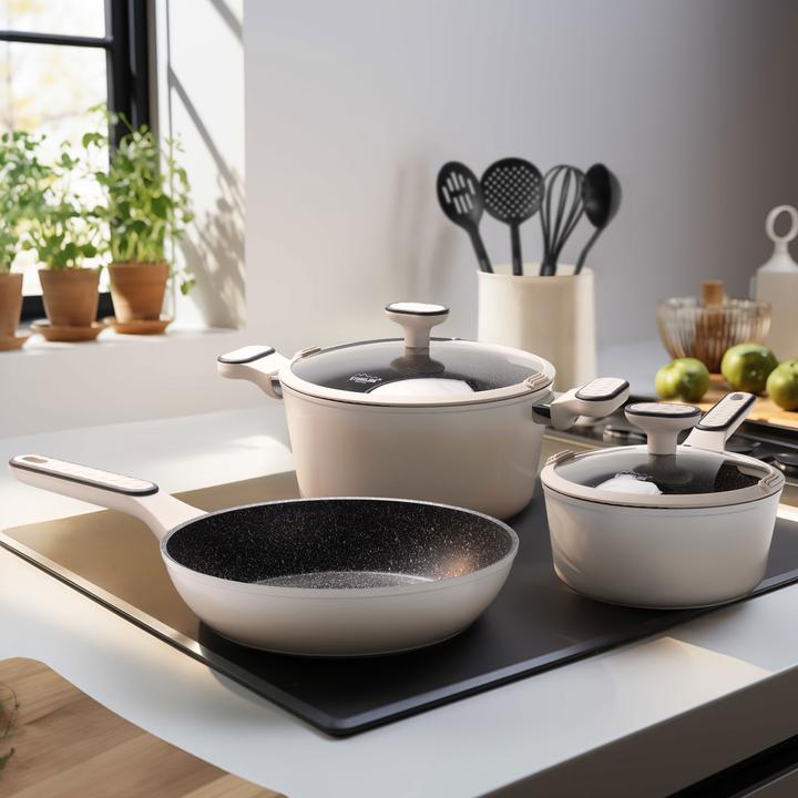 Actual product image Stoneline ® Creme Kochgeschirr-Set 11-teilig mit Deckeln, beschichtete Töpfe & Pfannen (Pan set + pot set, Ceramic)
