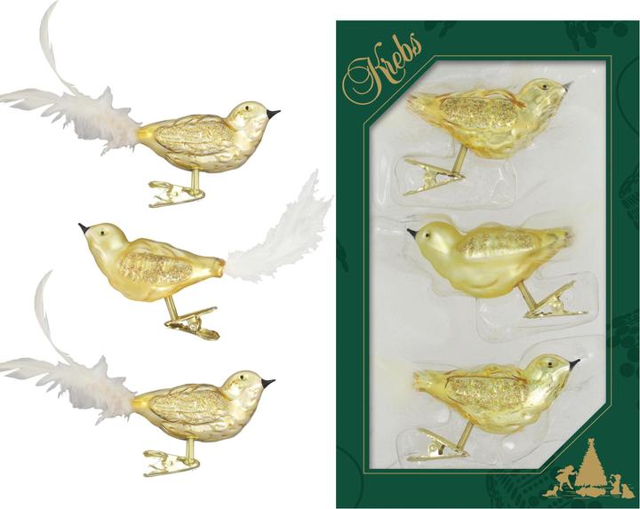 Krebs Glas Lauscha Gold Vögel auf Clip - 3er Set - Christbaumschmuck (3 -teilig)