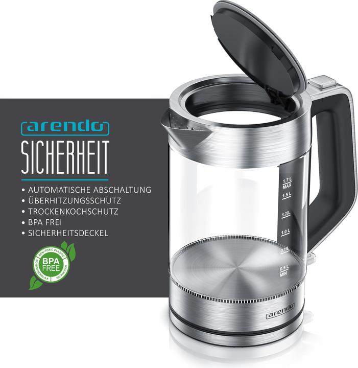 Actual product image Arendo Kettle 1.7 l, 2200 W, stainless steel & glass, cool-touch handle, overheating & dry-boil protection (1.70 l)
