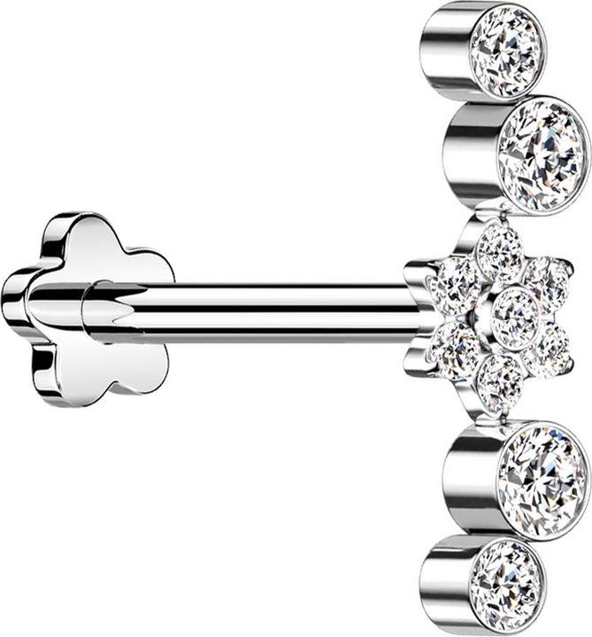 Star Piercing Micro Threadless Labret Blume silber Blume Kristalle silber vier Kristalle (Titan G23, ohne Messing)