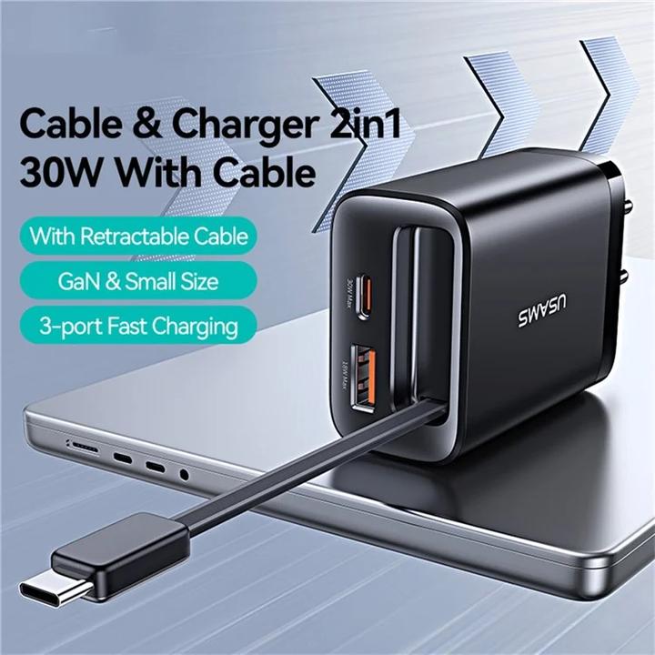 Produktbild Usams CC296 30W Fast Charger With Retractable Type-C Cable (EU) - Xiang Series White (30 W)