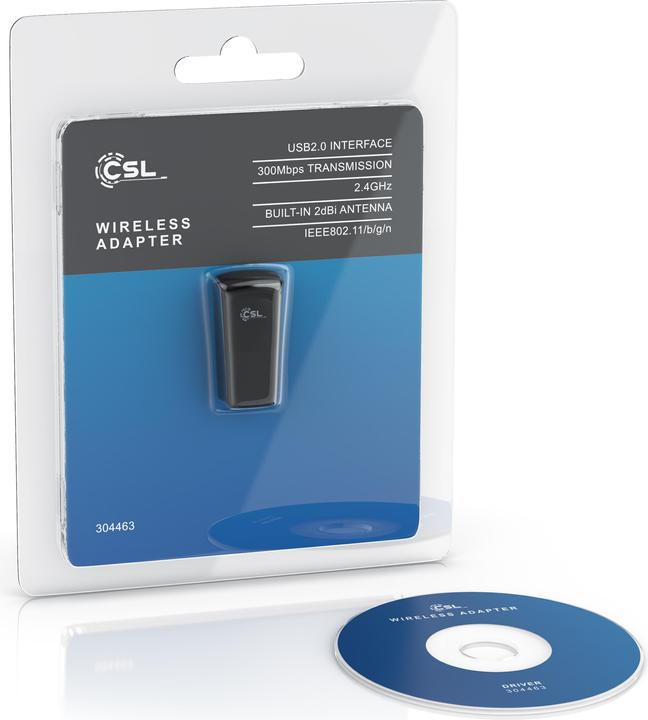 Produktbild CSL WLAN Dongle, 300 Mbit/s USB Stick WiFi Adapter 2,4 Ghz 2T2R, Verstärkung 18 dBm, WEP WPA WPA2 (USB 2.0)