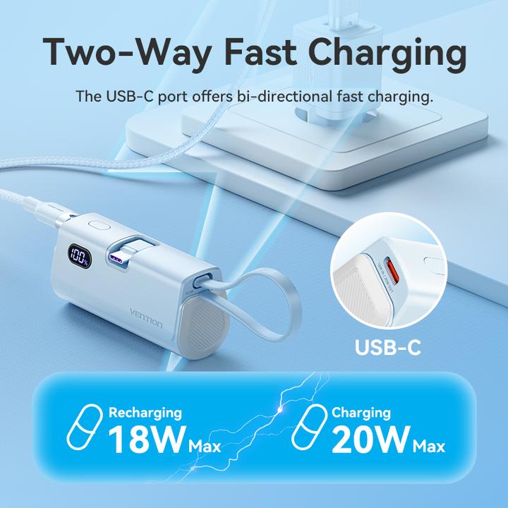 Actual product image Vention LED Display 4800mAh Power Bank (USB-C + Lightning + USB-C) 22.5W Black Foldable USB-C Type (4800 mAh, 22.50 W, 17.76 Wh)