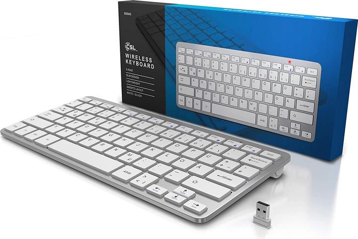 Actual product image CSL Wireless keyboard, 2.4Ghz Slim Design Mini Keyboard, space-saving, ergonomic, wireless, silver (DE, Wireless)