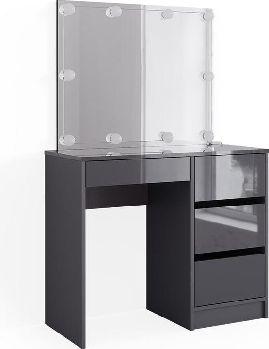 Korpus: Anthrazit, Tischplatte: Anthrazit, matt Front, hochglänzend Einlegeboden: Weiss Spiegel: Weiss LED-Lichterkette: Weiss