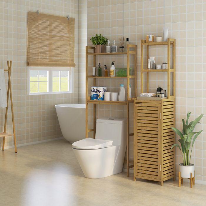 Actual product image Swisshandel24 Bathroom cabinet, bamboo, cabinet compartment, 3 open compartments, anti-tilt protection, natural