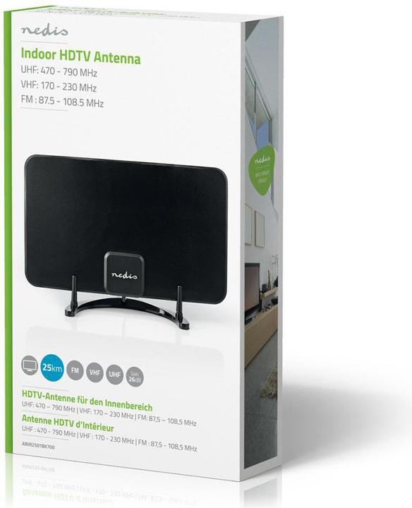 Immagine prodotto Nedis Antenna da interno | Attiva | FM / UHF / VHF | Raggio di ricezione: 0-25 km | LTE700 | Guadagno dBi (Antenna interna, 26 dB, LTE, DVB-T / -T2)