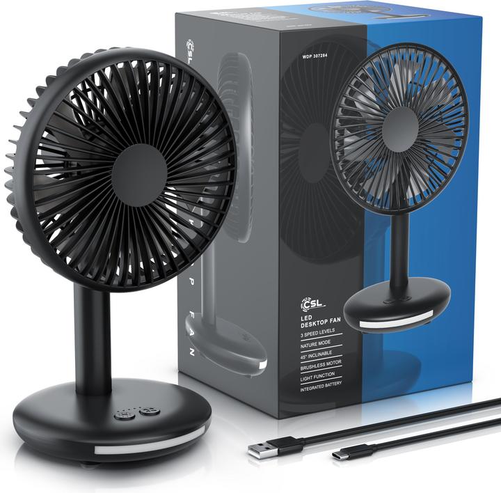Produktbild CSL Akku Tischventilator, USB Mini Desk Fan, Schreibtischventilator, sehr leise, neigbar, mobiler Lüfter (46.50 dB)