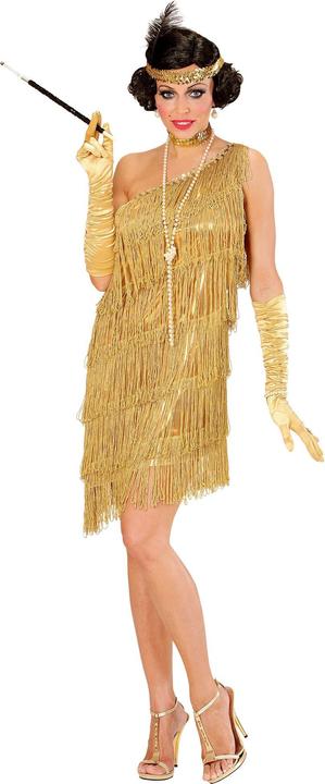 Widmann Charleston Kleid Gold mit Fransen, Halsband, Stirnband und Feder (XS, S, M, L, XL)