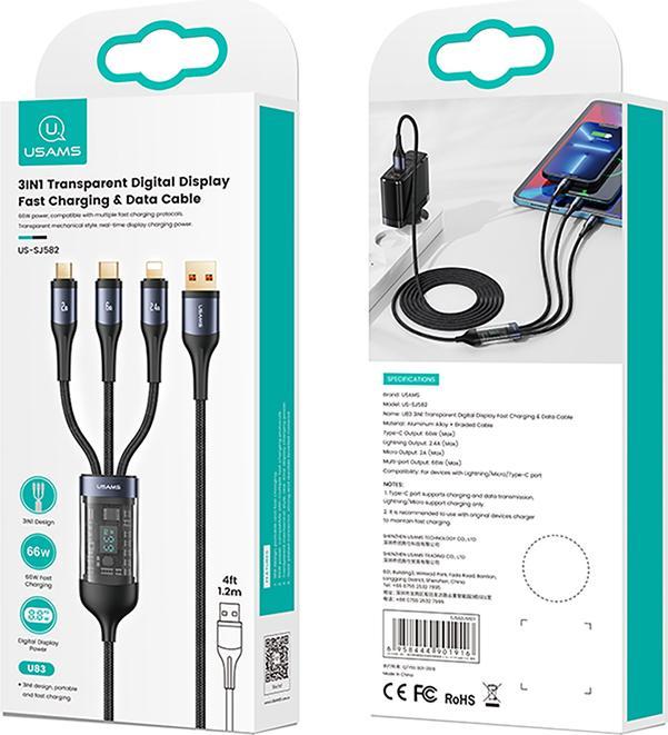 Immagine prodotto Usams US-SJ582 U83 3IN1 66W Display digitale trasparente Cavo di ricarica rapida e dati da 1,2 m USB a (1.20 m, USB 3.2 Gen 1)