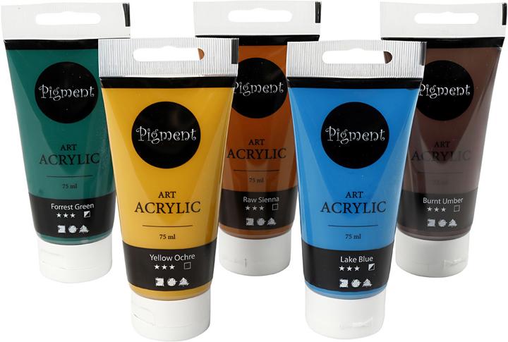 Produktbild Creativ Company Pigment Art Acrylverf Natuurlijke Kleuren, 5x75ml (Frühjahrsgrün, Seeblau, Ockergelb, Sienna, Umbra gebrannt, 75 ml)
