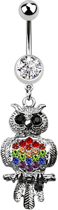 Image du produit Star Piercing Banane argent avec pendentif hibou noir et coloré (Acier chirurgical 316L, sans laiton)