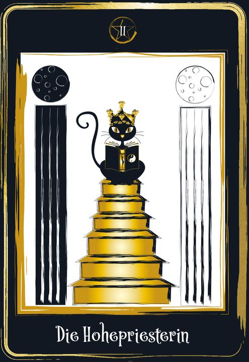 Actual product image Golden Black Cat Tarot - Hochwertige Stülpdeckelschachtel mit Goldfolie (German, Helena de Almeida, 2022)