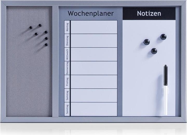 Combi-board (Tableau magnétique, Tableau d'affichage, Tableau blanc, Calendrier hebdomadaire, 60 x 40 cm)
