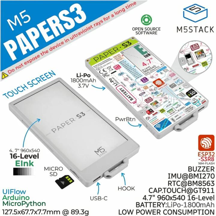Produktbild M5Stack M5Paper S3 ESP32S3 Entwicklungskit 960X540 4.7inch E-Ink-Display
