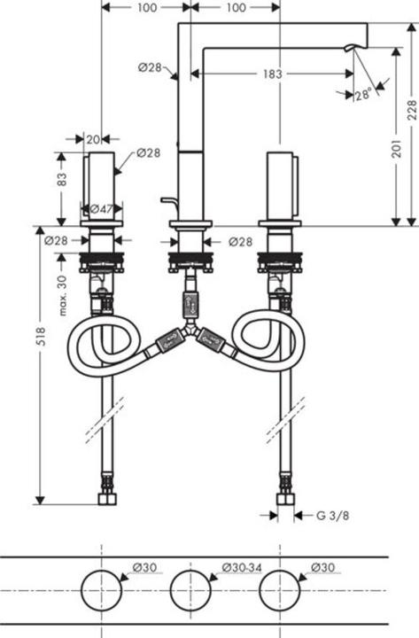 Produktbild Axor 3-Loch-Waschtischarmatur UNO 200 Zerogriff chrom