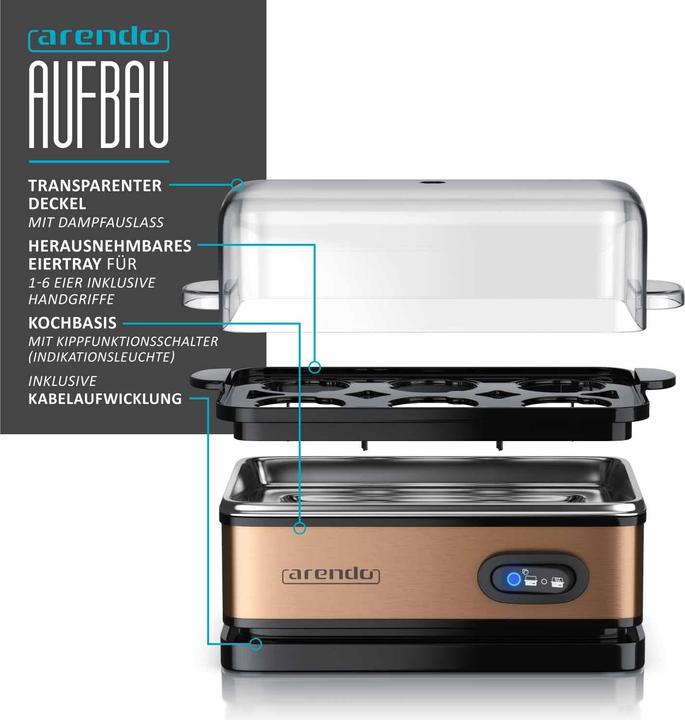 Actual product image Arendo Stainless steel egg boiler 6-fold, 400 W, stainless steel, keep-warm function, hardness adjustable