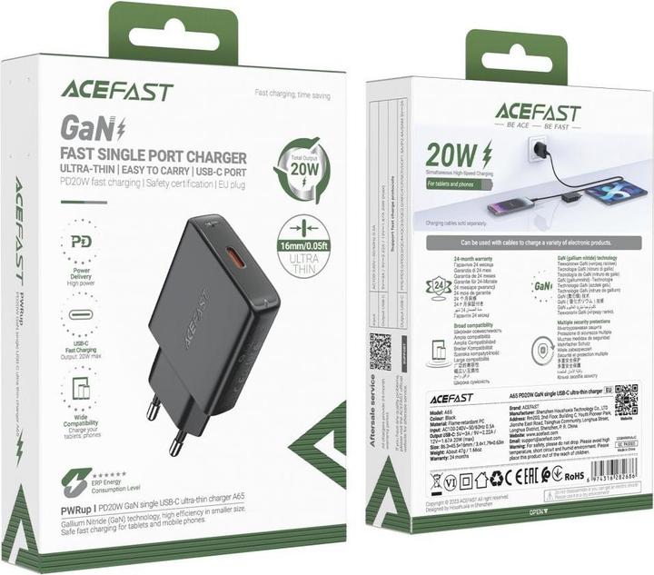 Produktbild Acefast A65 PD 20W GaN USB-C Wandladegerät – Schwarz (20 W)