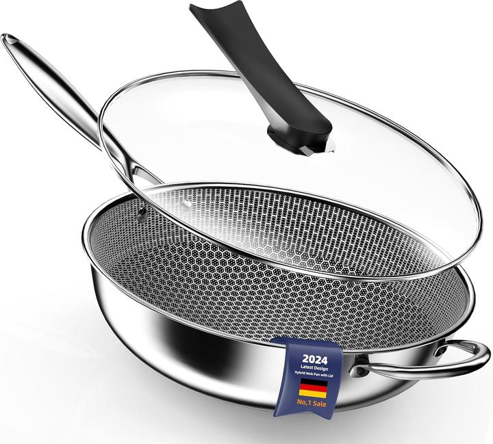 Kiseely Hybrid Wokpfanne mit Deckel, antihaft, induktionsfest (34 cm, Wok, Acier inoxydable)