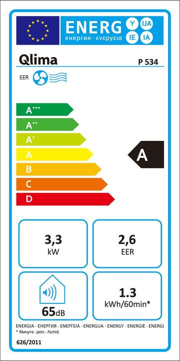 Etichetta energetica Qlima Climatizzatore P 534, Nome: P 534 mobile air conditioner, Dimensioni (mm): 440 x 355 x 715, W (11396.55 BTU/h)