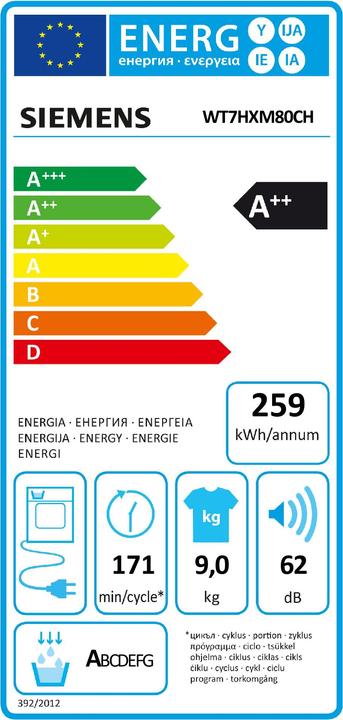 Energie-Label Siemens iQ700 WT7HXM80CH (9 kg, Rechts, CH-Stecker)