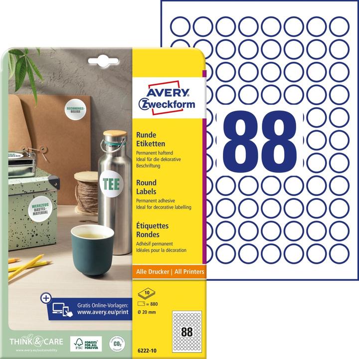 Productafbeelding Avery Zweckform identificatie-etiketten, diameter: 20 mm rond, permanente kleefstof, papier ongestreken