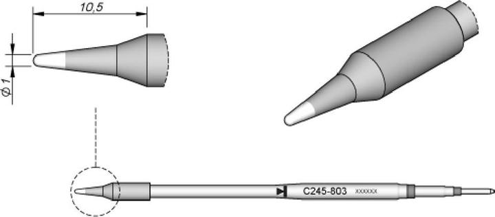 Immagine prodotto JBC Punta per saldatura serie C245, forma rotonda, C245803/Ø 1,0 mm, dritta, 20 mm più lunga (Punta di saldatura)